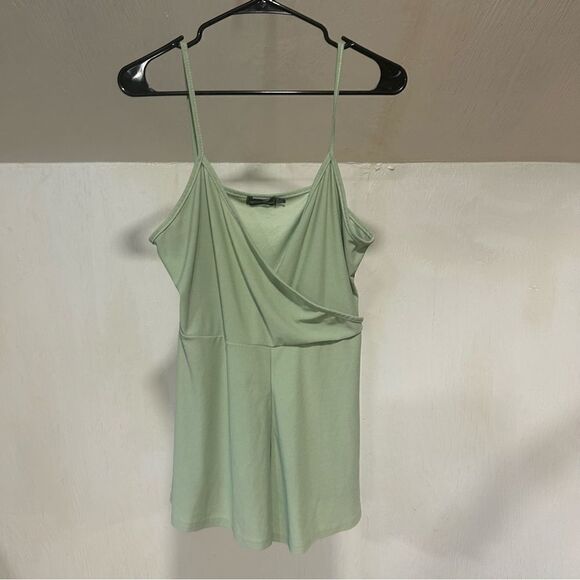 PrettyLittleThing Sage Green Crepe Strappy Wrap Romper - Picture 3 of 7